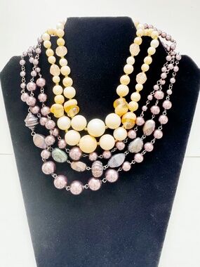 2PCS Layered Statement Necklaces Multi Strand Vintage Cream Purple Beaded Set